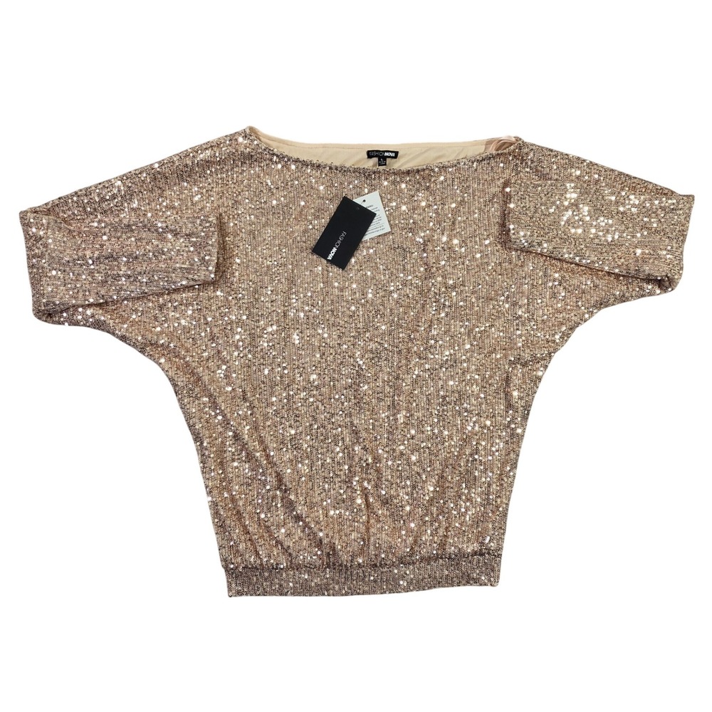 Fashion Nova Gold Sequin Dolman Sleeve Blouse Top IST2231 NWT Womens Large